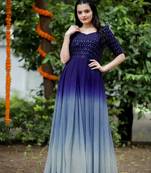 Blue faux georgette embroidery ombre print gown