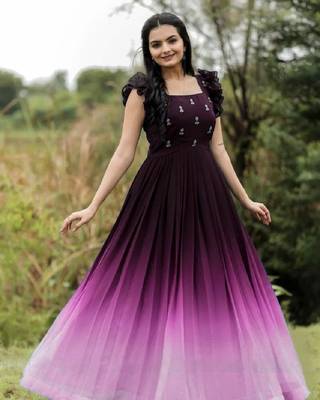 Wine faux georgette embroidery ombre print gown 1