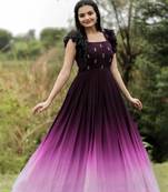 Wine faux georgette embroidery ombre print gown