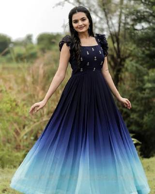 Blue faux georgette embroidery ombre print gown 1