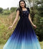 Blue faux georgette embroidery ombre print gown