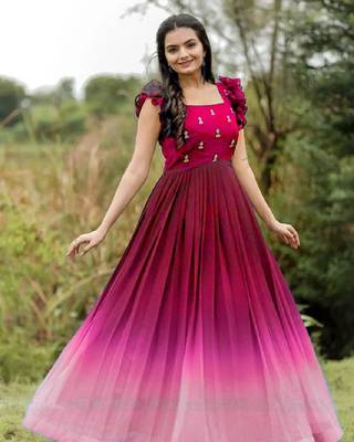 Pink faux georgette embroidery ombre print gown 1