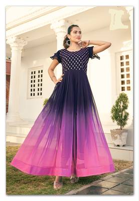 Wine faux georgette embroidery ombre print gown 1