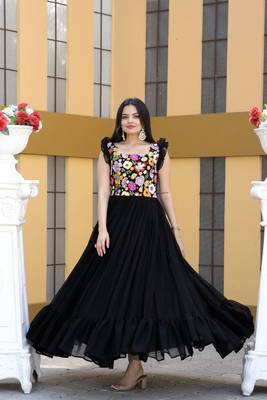 Black faux georgette with sequins multithreaded embroidered gown 1
