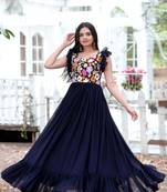 Blue faux georgette with sequins multithreaded embroidered gown