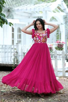 Pink faux georgette with sequins multithreaded embroidered gown 1