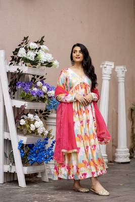 Multi chinnon printed sequins embroidery gown with dupatta 1