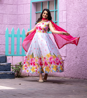 Multi chinnon printed sequins embroidery gown with dupatta 1