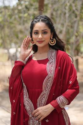 Maroon georgette embroidery fully flaried designer gown with dupatta 2