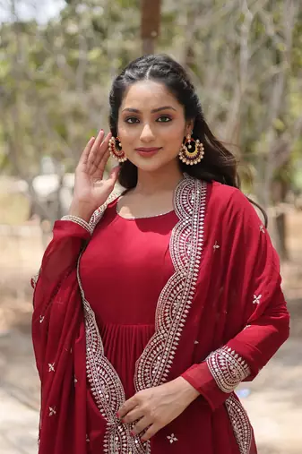 Maroon georgette embroidery fully flaried designer gown with dupatta