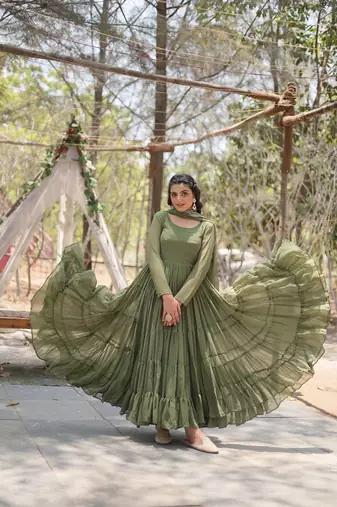 Mehndi georgette embroidery fully flaried designer gown with dupatta
