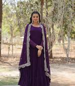 Purple georgette embroidery fully flaried designer gown with dupatta