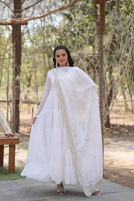 White georgette embroidery fully flaried designer gown with dupatta 1