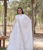 White georgette embroidery fully flaried designer gown with dupatta