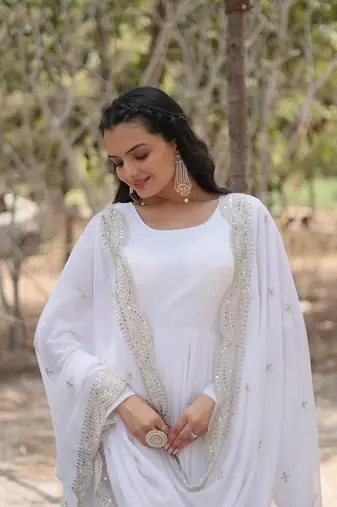 White georgette embroidery fully flaried designer gown with dupatta