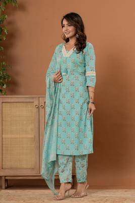 Sky blue cotton  mirror lace work straight  kurti pant dupatta  set 3