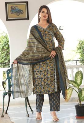 Multi color rayon  embriodery mirror work  straight  kurti pant dupatta  set 1