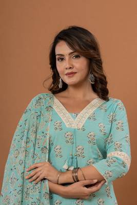 Sky blue cotton  mirror lace work straight  kurti pant dupatta  set 4