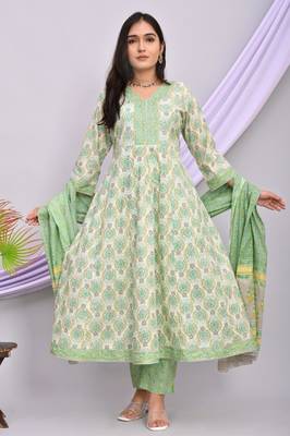 Green color cotton  mirror  work  anarkali  kurti pant dupatta  set 1