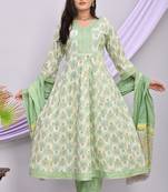 Green color cotton  mirror  work  anarkali  kurti pant dupatta  set