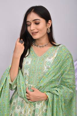 Green color cotton  mirror  work  anarkali  kurti pant dupatta  set 3