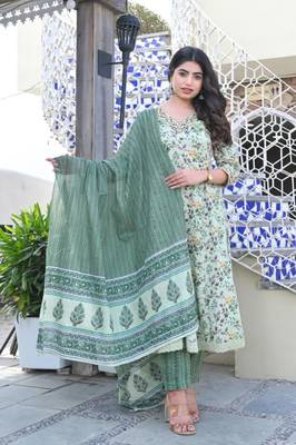 Multi color cotton  embriodery  mirror lace work anarkali  kurti pant dupatta  set 1