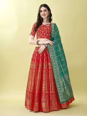 Red Woven Silk Lehenga Choli With Dupatta 2