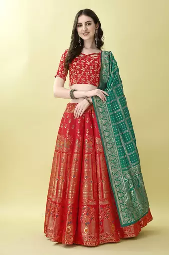 Red Woven Silk Lehenga Choli With Dupatta