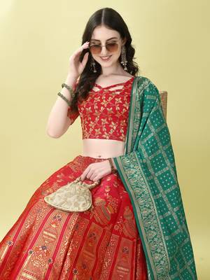 Red Woven Silk Lehenga Choli With Dupatta 3