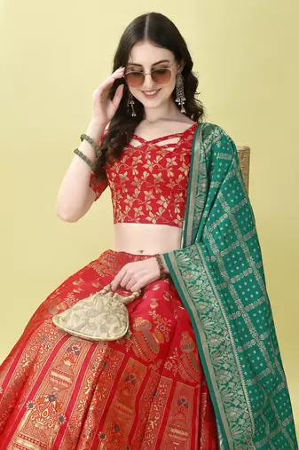 Red Woven Silk Lehenga Choli With Dupatta