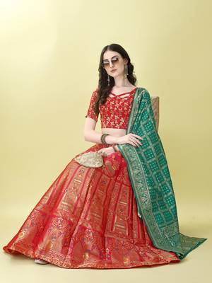 Red Woven Silk Lehenga Choli With Dupatta 4