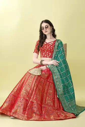 Red Woven Silk Lehenga Choli With Dupatta