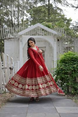 Maroon georgette sequence embroidery flaried designer gown with dupatta 1