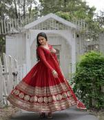 Maroon georgette sequence embroidery flaried designer gown with dupatta