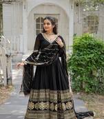 Black georgette sequence embroidery flaried designer gown with dupatta
