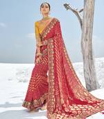Embroidered red bandhani patola embellished work georgette traditional saree