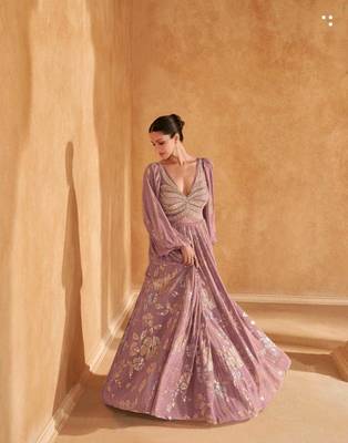 Pink chinon silk & net sequins work full stitched gown 1