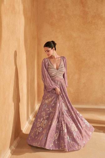 Pink chinon silk & net sequins work full stitched gown