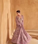 Pink chinon silk & net sequins work full stitched gown