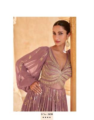 Pink chinon silk & net sequins work full stitched gown 3