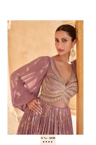 Pink chinon silk & net sequins work full stitched gown