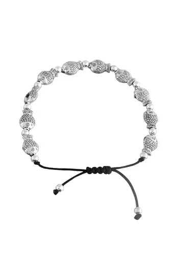 Silver- plated fish & beads black traed anklet