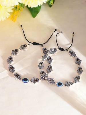 Silver-plated hand & beads evil eye black traed anklet 1