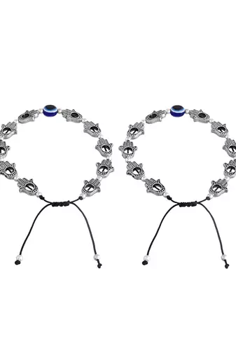 Silver-plated hand & beads evil eye black traed anklet