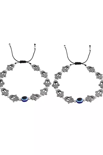 Silver-plated hand & beads evil eye black traed anklet