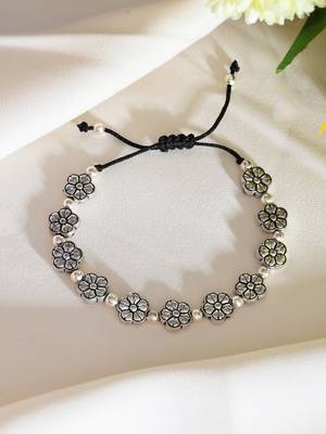 Silver-plated flower & beads  black traed anklet 1