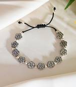 Silver-plated flower & beads  black traed anklet