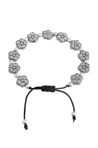 Silver-plated flower & beads  black traed anklet