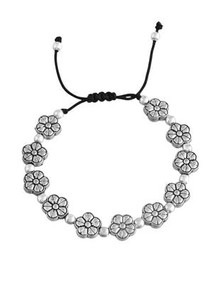 Silver-plated flower & beads  black traed anklet 3