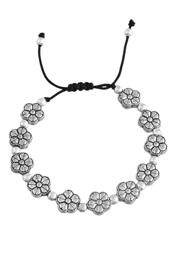 Silver-plated flower & beads  black traed anklet